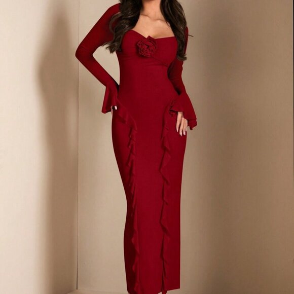 Red Elegant Women's Flounce Trim Long Sleeve Fitted Dress - Picture 4 of 8